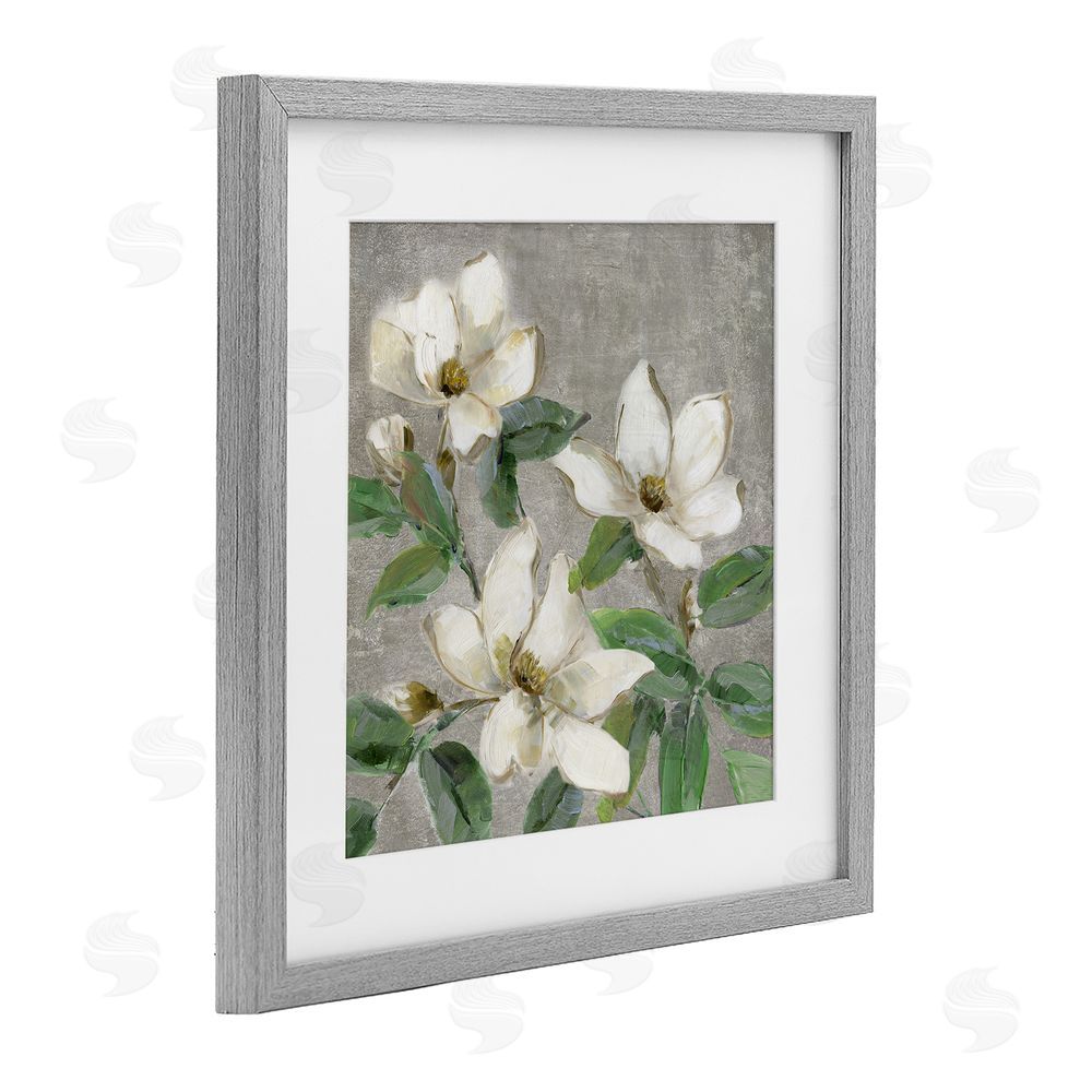 Sally Swatland Ivory Magnolias on Grey Gray Framed Print Under Glass Wall Art