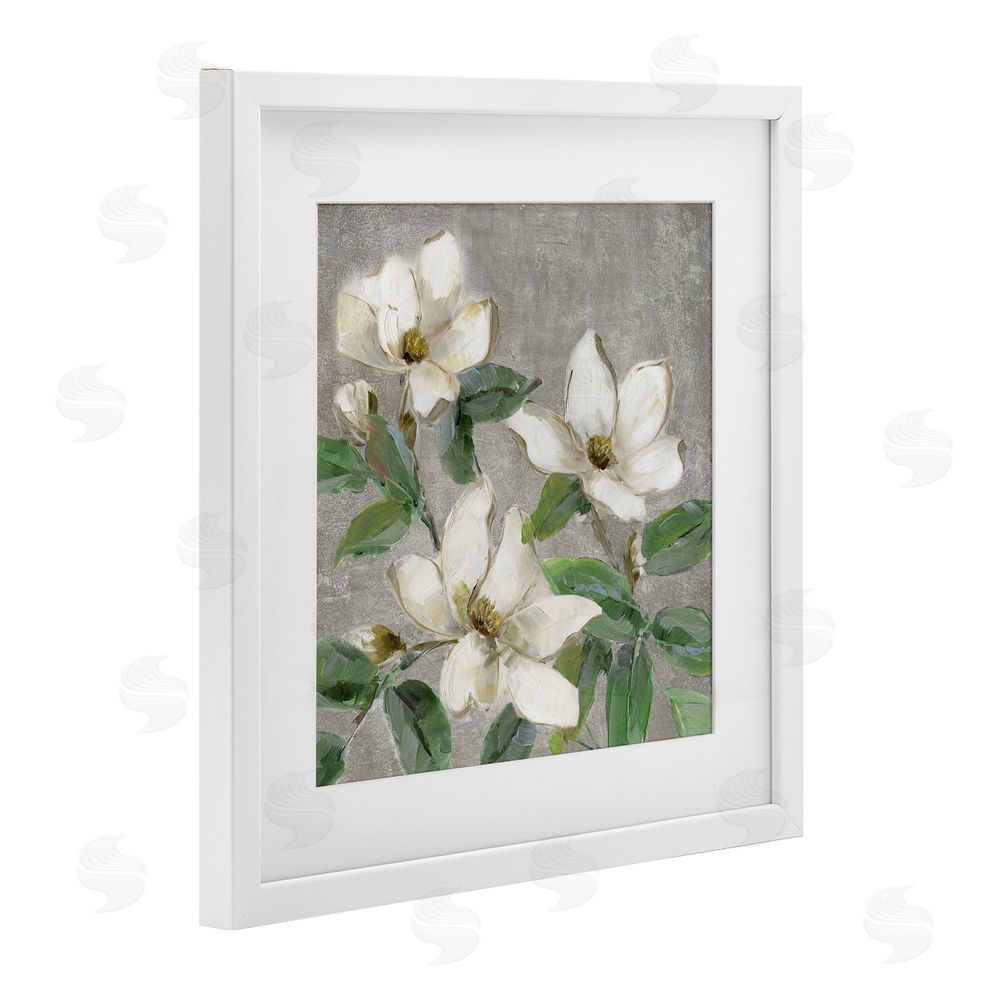 Sally Swatland Ivory Magnolias on Grey White Framed Print Under Glass Wall Art