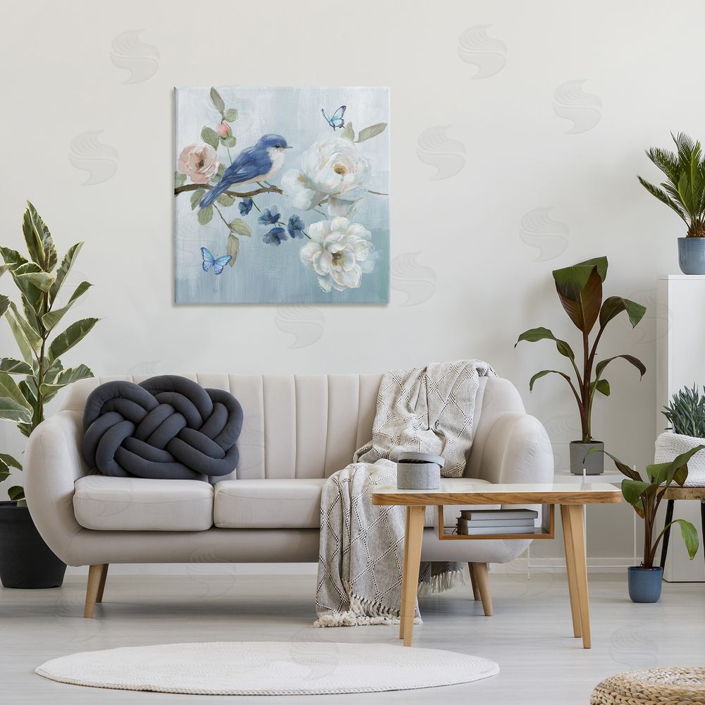Nan Blue Bird Tranquility Stretched Canvas Wall Art in Room