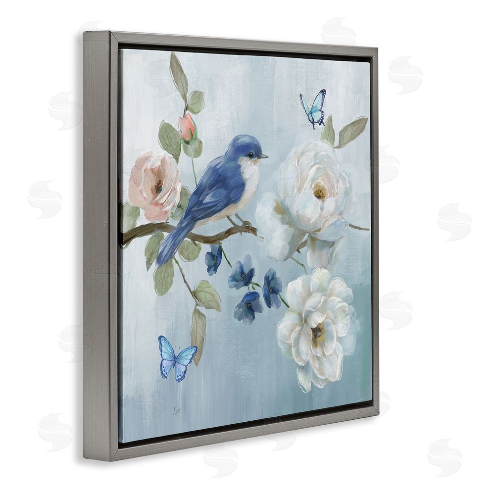 Nan Blue Bird Tranquility Gray Floating Frame Canvas Wall Art Print