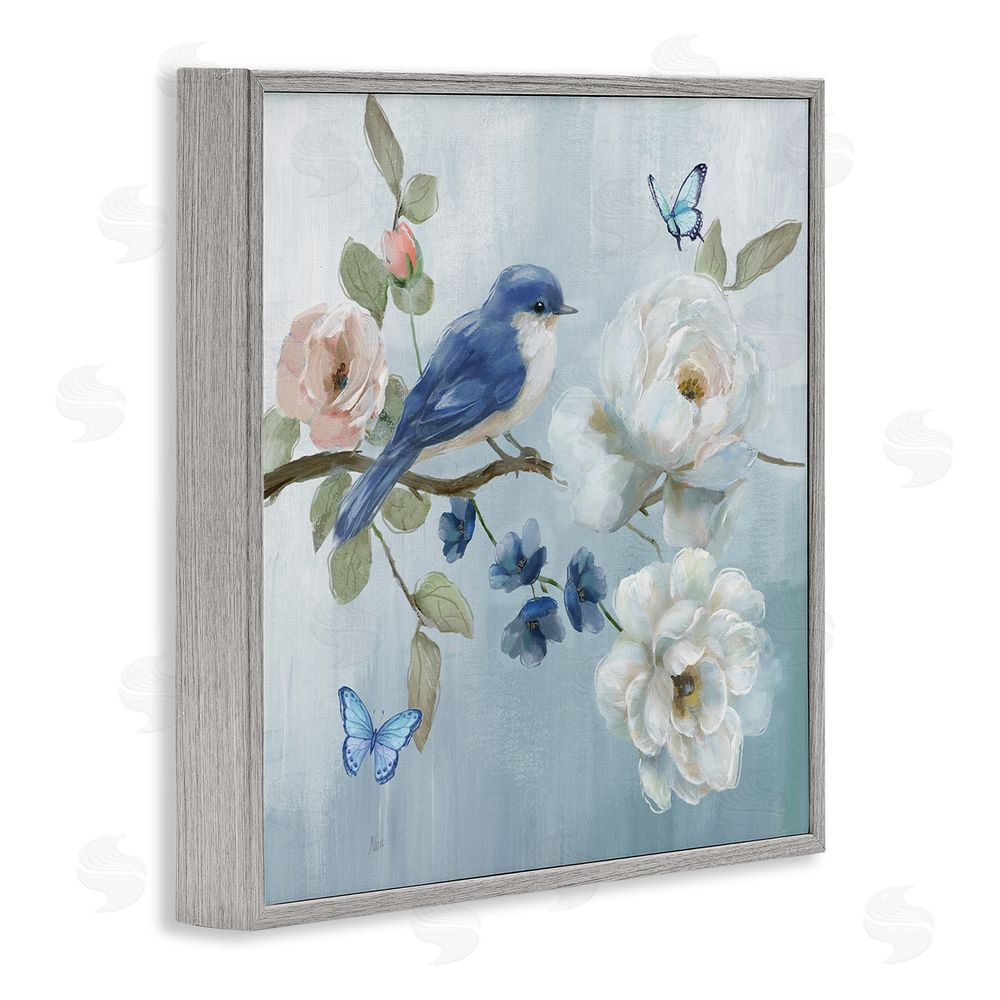 Nan Blue Bird Tranquility Gray Framed Giclee Wall Art Print
