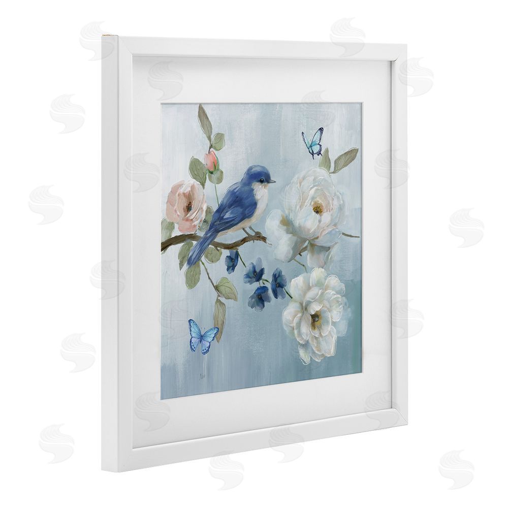 Nan Blue Bird Tranquility White Framed Print Under Glass Wall Art