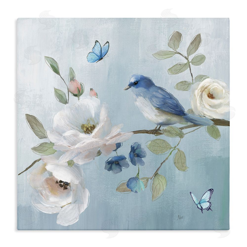 Nan Pastel Blue Bird Blooms Stretched Canvas Wall Art Print