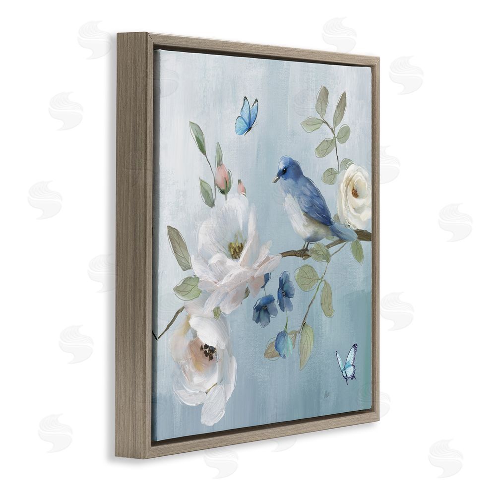Nan Pastel Blue Bird Blooms Brown Floating Frame Canvas Wall Art Print