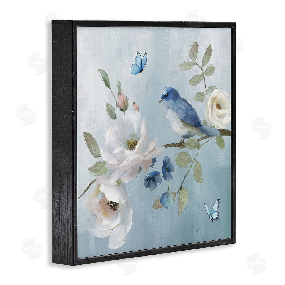 Nan Pastel Blue Bird Blooms Black Framed Giclee Wall Art Print