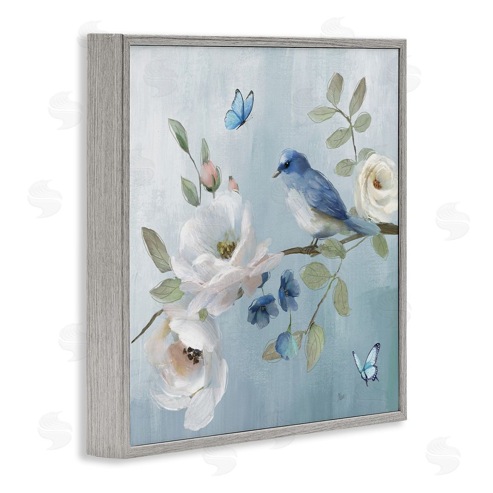 Nan Pastel Blue Bird Blooms Gray Framed Giclee Wall Art Print