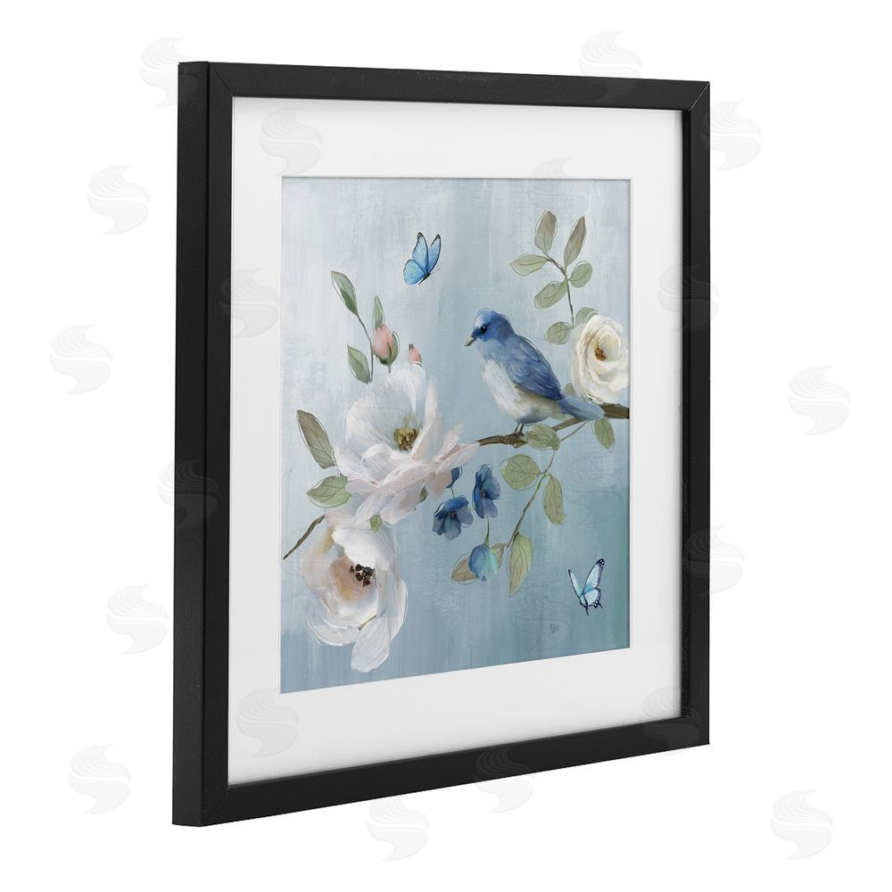 Nan Pastel Blue Bird Blooms Black Framed Print Under Glass Wall Art