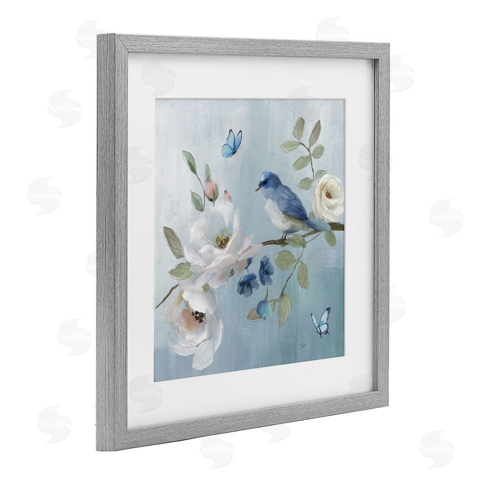 Nan Pastel Blue Bird Blooms Gray Framed Print Under Glass Wall Art