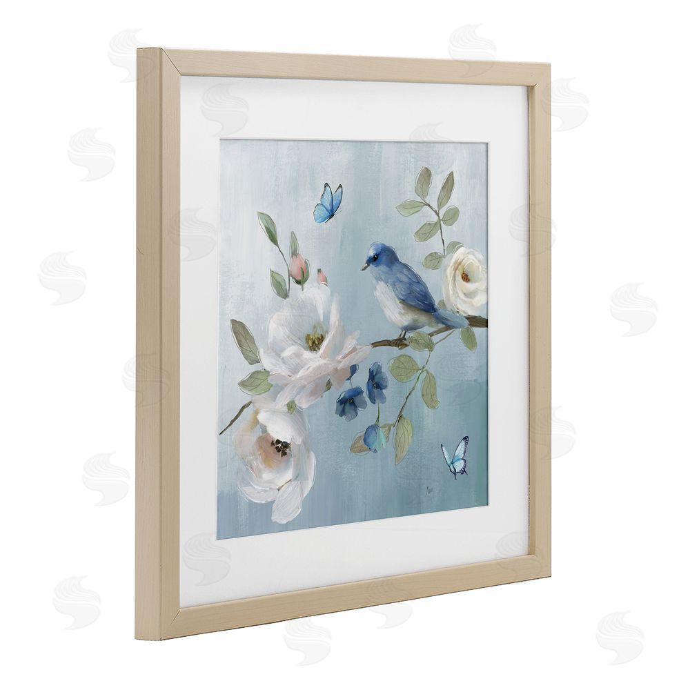 Nan Pastel Blue Bird Blooms Brown Framed Print Under Glass Wall Art