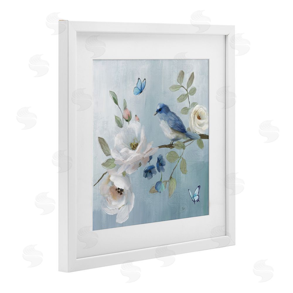 Nan Pastel Blue Bird Blooms White Framed Print Under Glass Wall Art