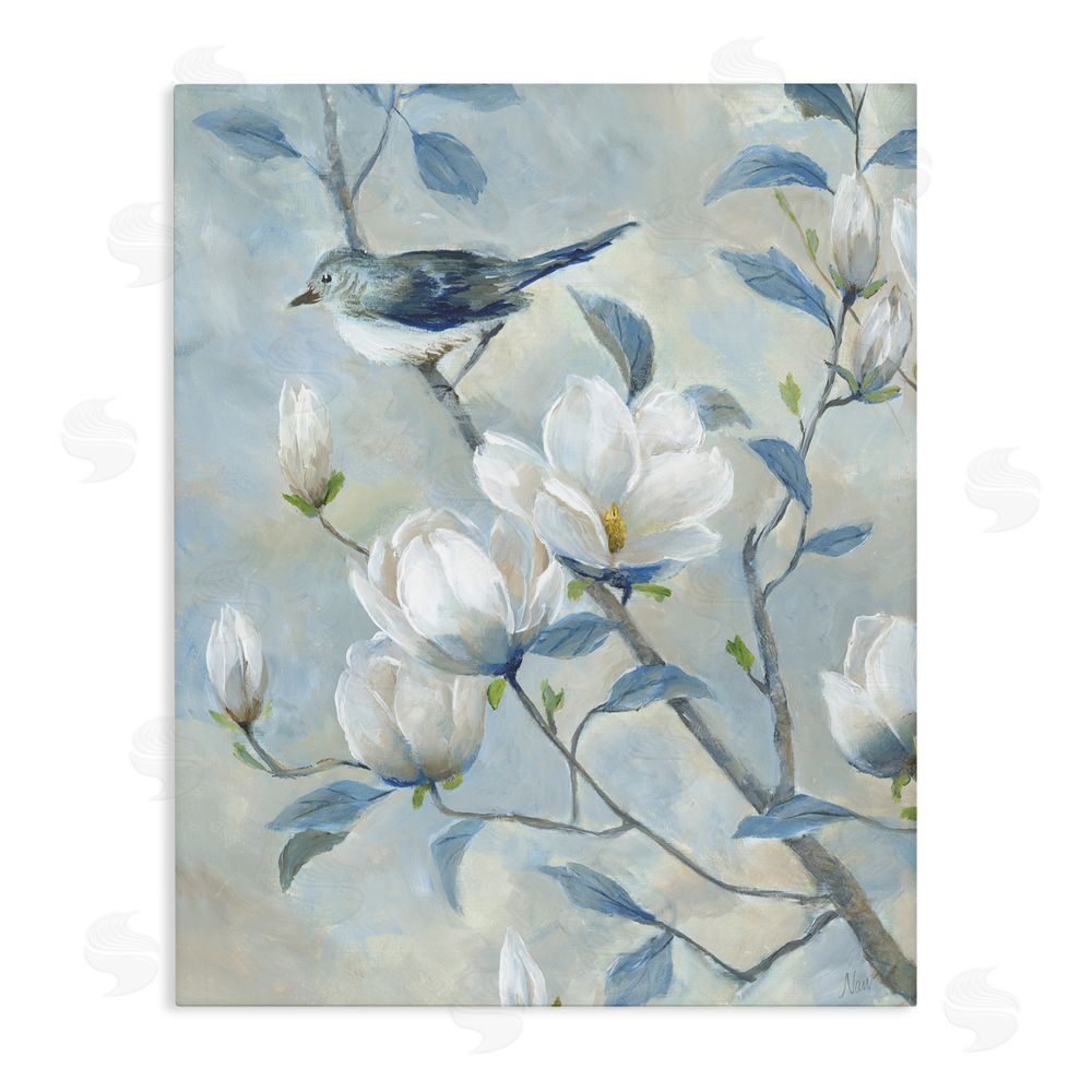 Nan Blue Bird in Magnolia Tree Stretched Canvas Wall Art Print