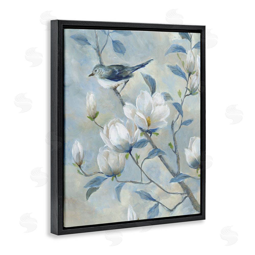 Nan Blue Bird in Magnolia Tree Black Floating Frame Canvas Wall Art Print
