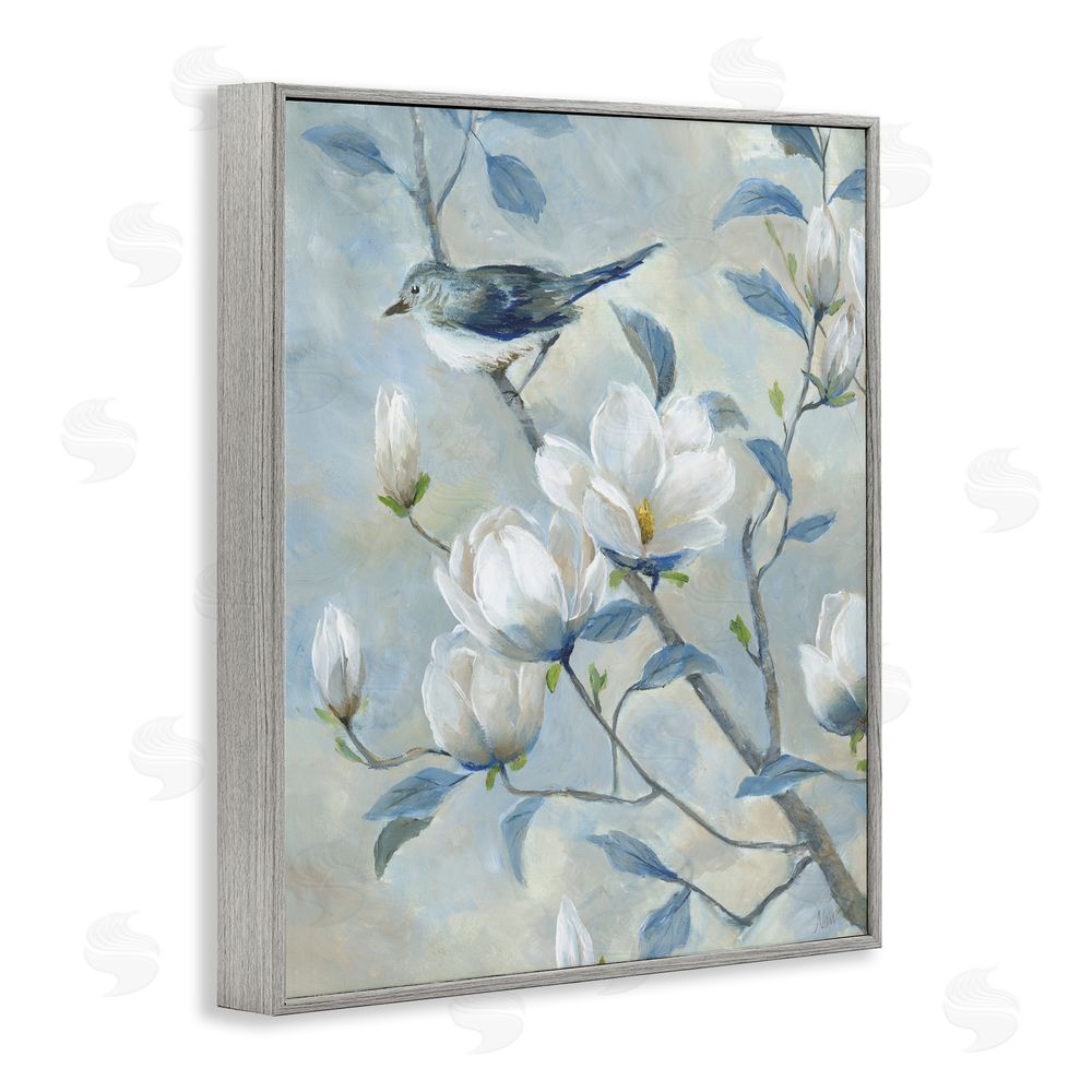 Nan Blue Bird in Magnolia Tree Gray Framed Giclee Wall Art Print