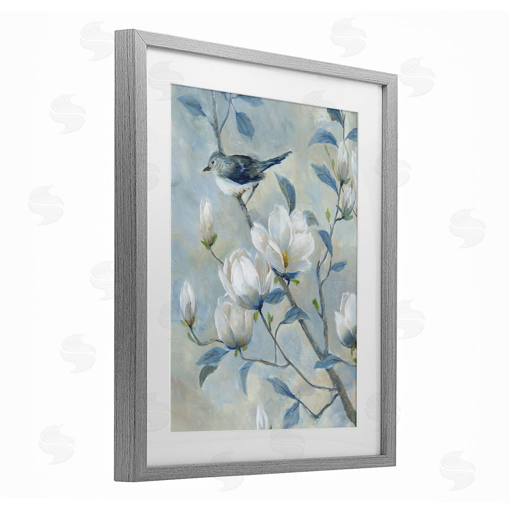 Nan Blue Bird in Magnolia Tree Gray Framed Print Under Glass Wall Art