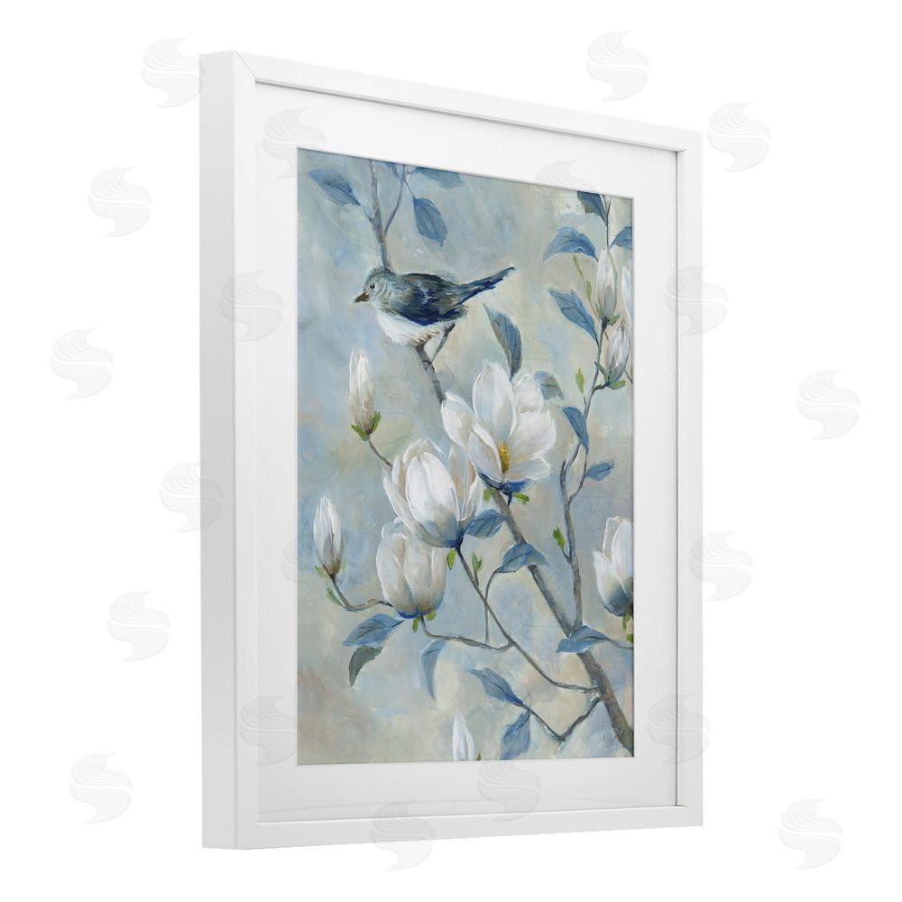 Nan Blue Bird in Magnolia Tree White Framed Print Under Glass Wall Art