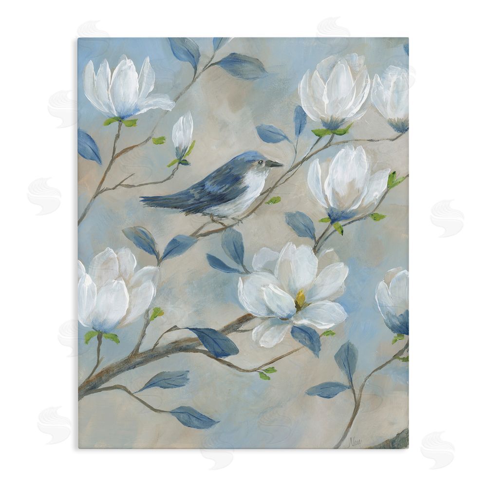 Nan Blue Bird & Magnolia Stretched Canvas Wall Art Print