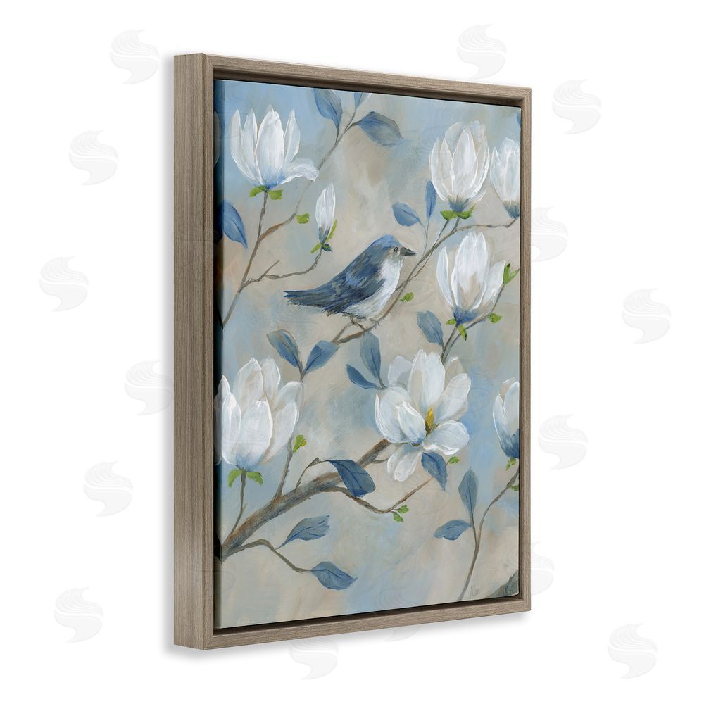 Nan Blue Bird & Magnolia Brown Floating Frame Canvas Wall Art Print