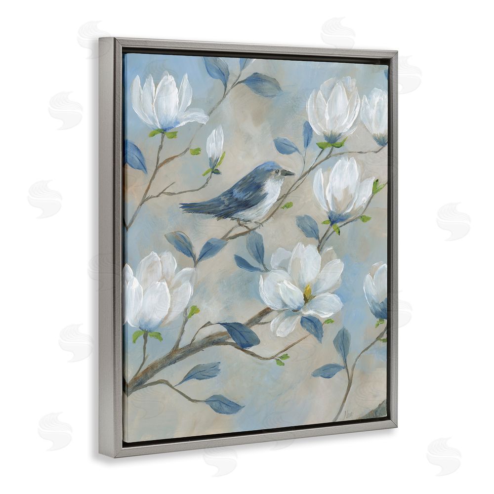 Nan Blue Bird & Magnolia Gray Floating Frame Canvas Wall Art Print