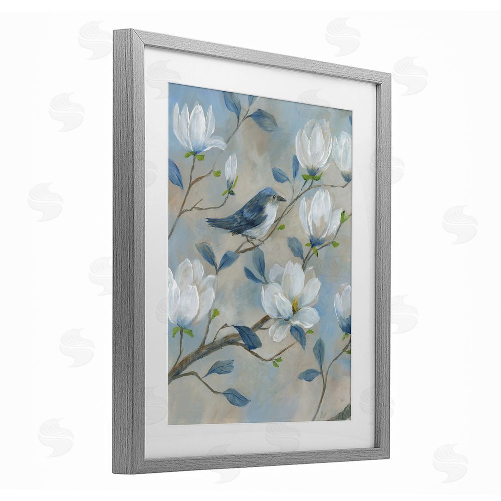 Nan Blue Bird & Magnolia Gray Framed Print Under Glass Wall Art