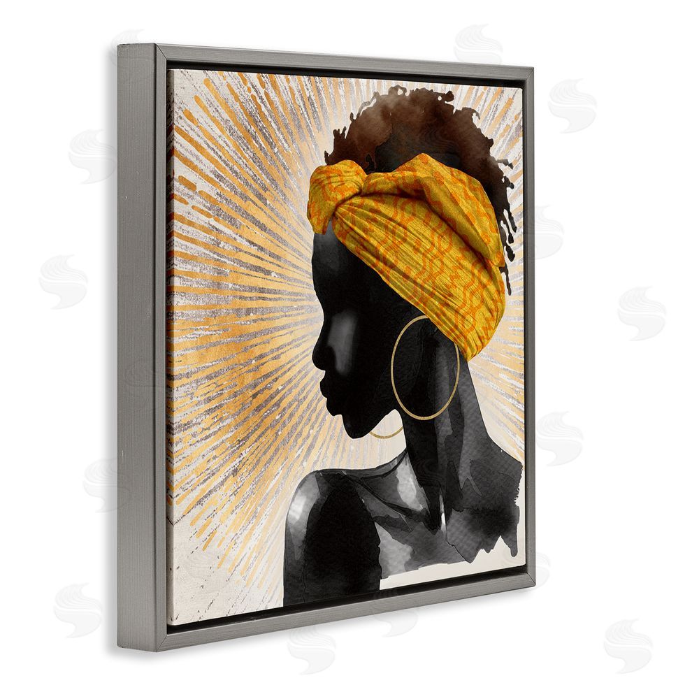 CAD Designs Golden Sunburst Profile with Headwrap Gray Floating Frame Canvas Wall Art Print
