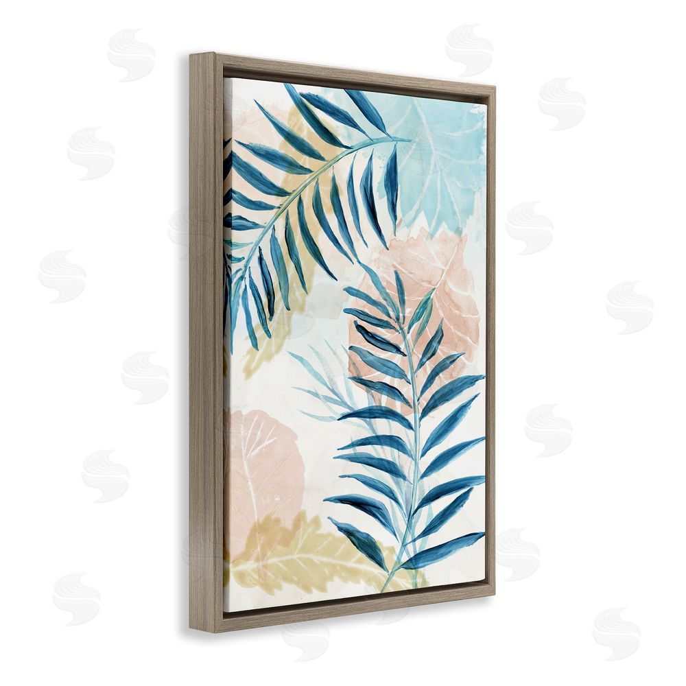 Nan Blue Palm Fronds in Pastel Haze Brown Floating Frame Canvas Wall Art Print