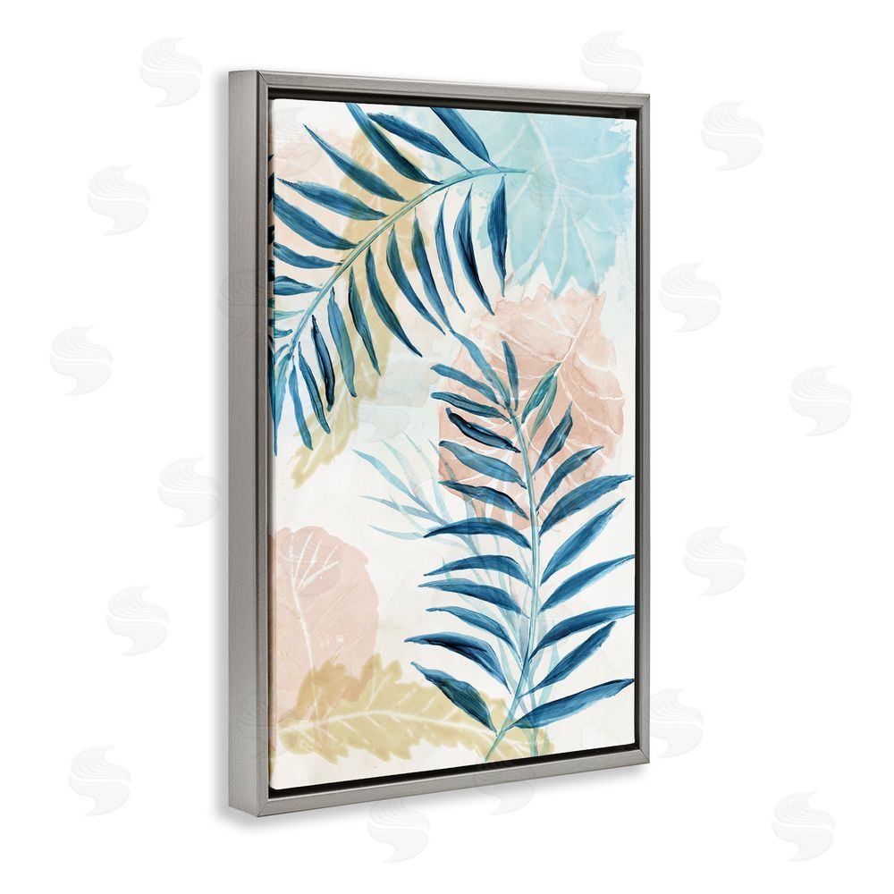 Nan Blue Palm Fronds in Pastel Haze Gray Floating Frame Canvas Wall Art Print