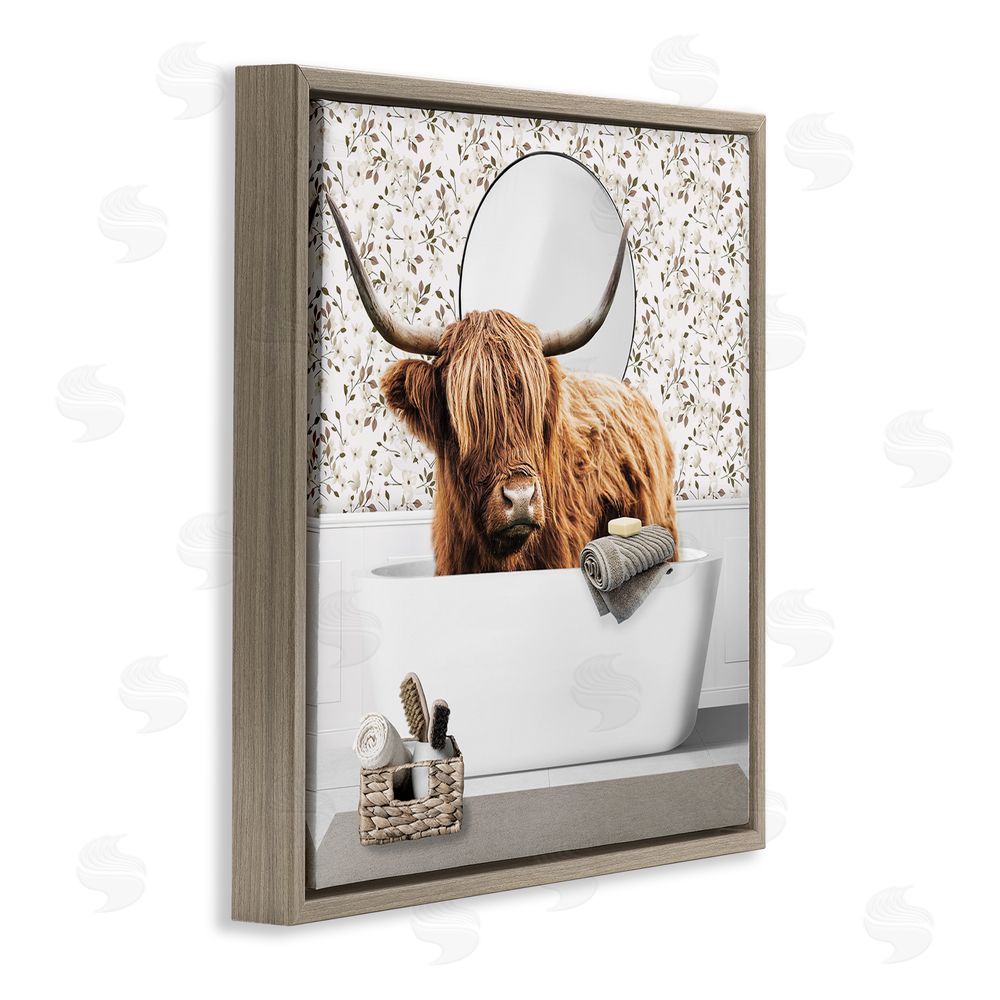 CAD Designs Boho Cattle Bath Time Brown Floating Frame Canvas Wall Art Print