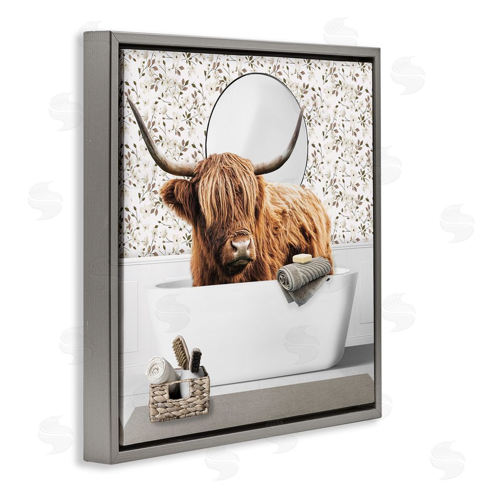 CAD Designs Boho Cattle Bath Time Gray Floating Frame Canvas Wall Art Print