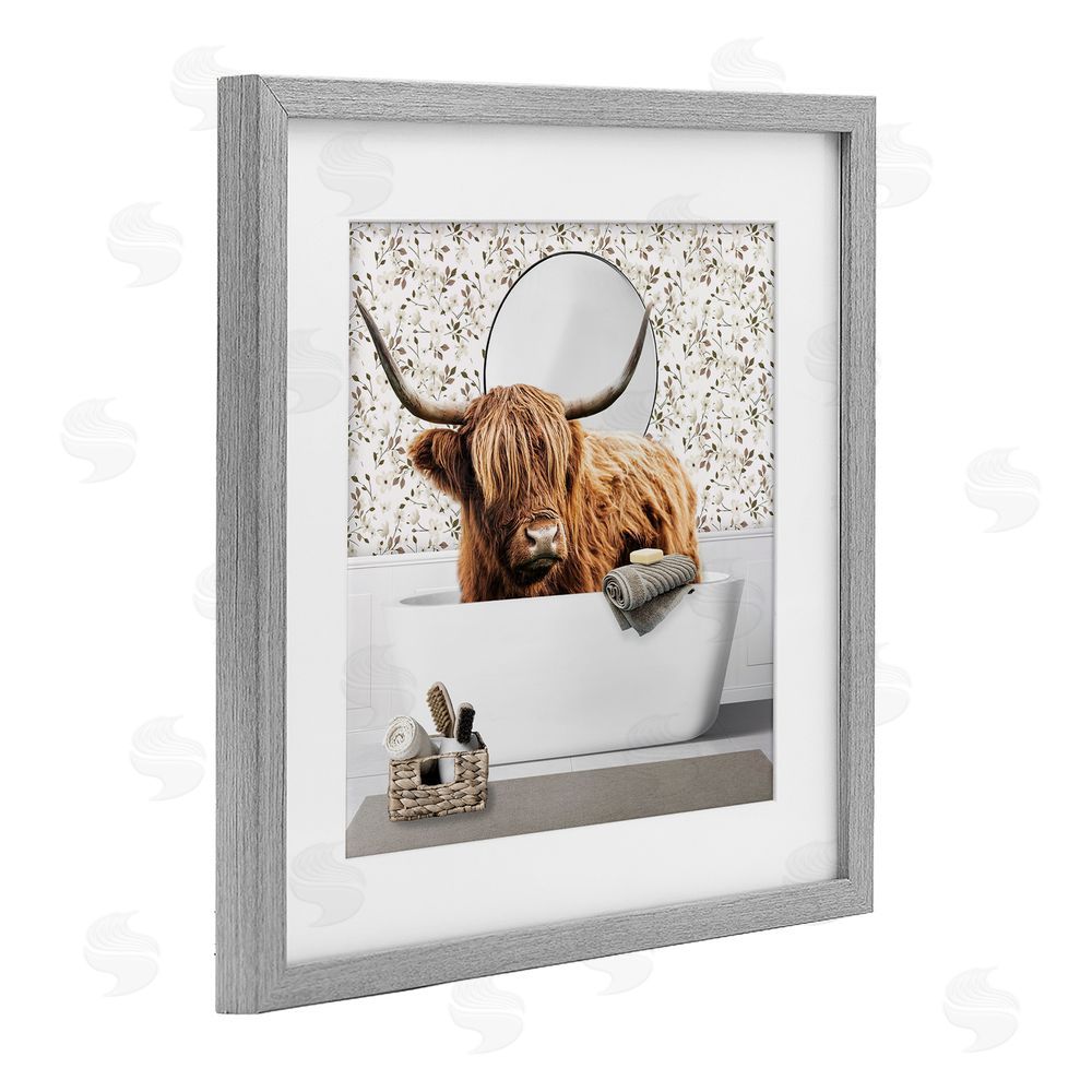 CAD Designs Boho Cattle Bath Time Gray Framed Print Under Glass Wall Art