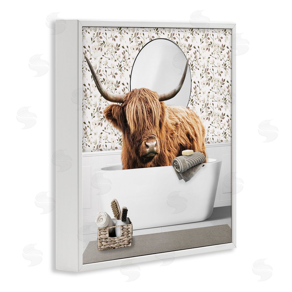 CAD Designs Boho Cattle Bath Time White Framed Giclee Wall Art Print