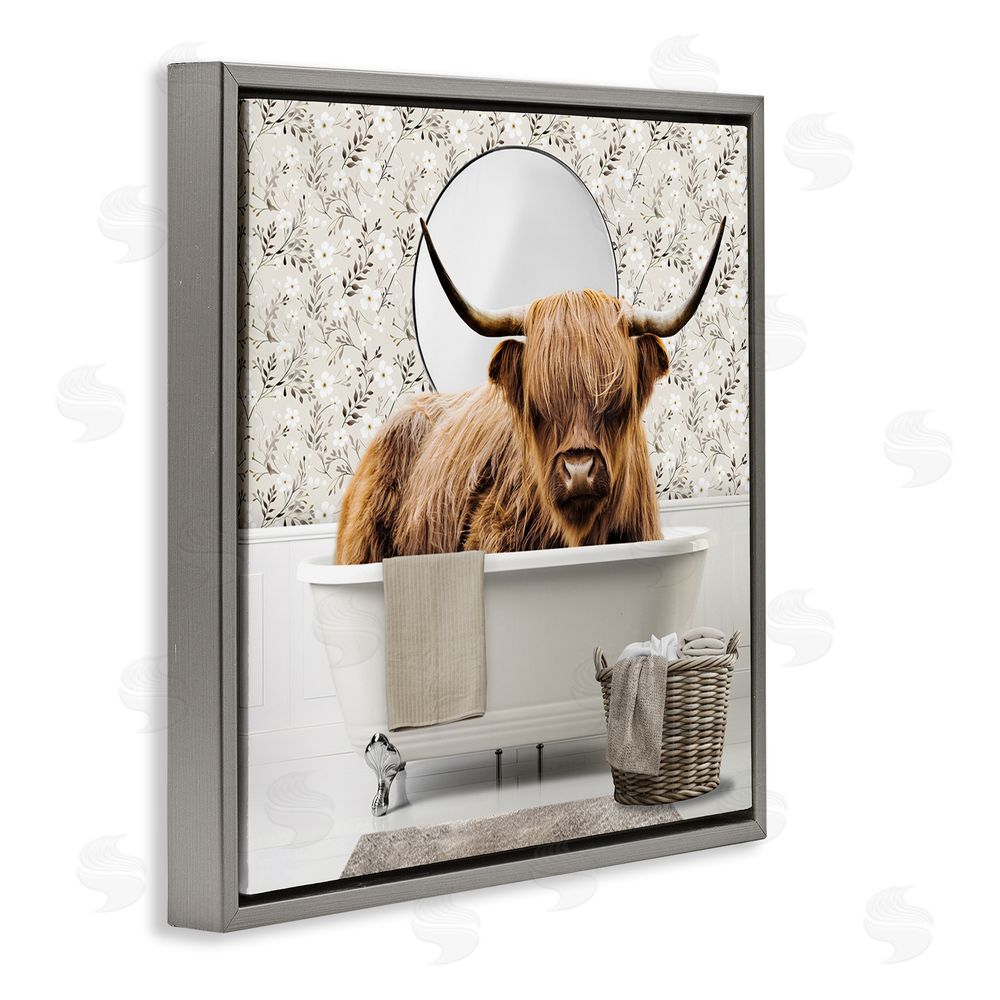 CAD Designs Cottage Cattle Bath Time Gray Floating Frame Canvas Wall Art Print