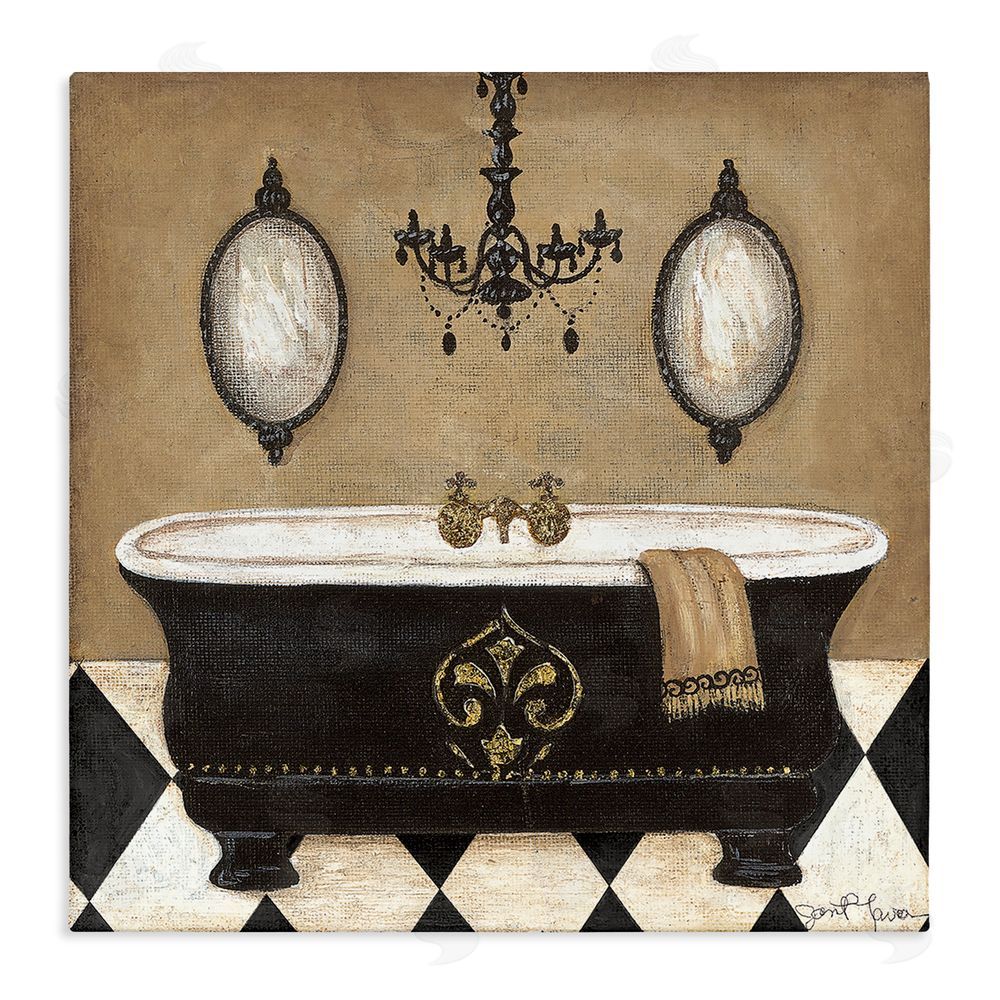Janet Tava Elegant Bathtub & Chandelier Stretched Canvas Wall Art Print