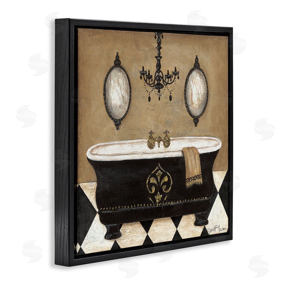 Janet Tava Elegant Bathtub & Chandelier Black Floating Frame Canvas Wall Art Print