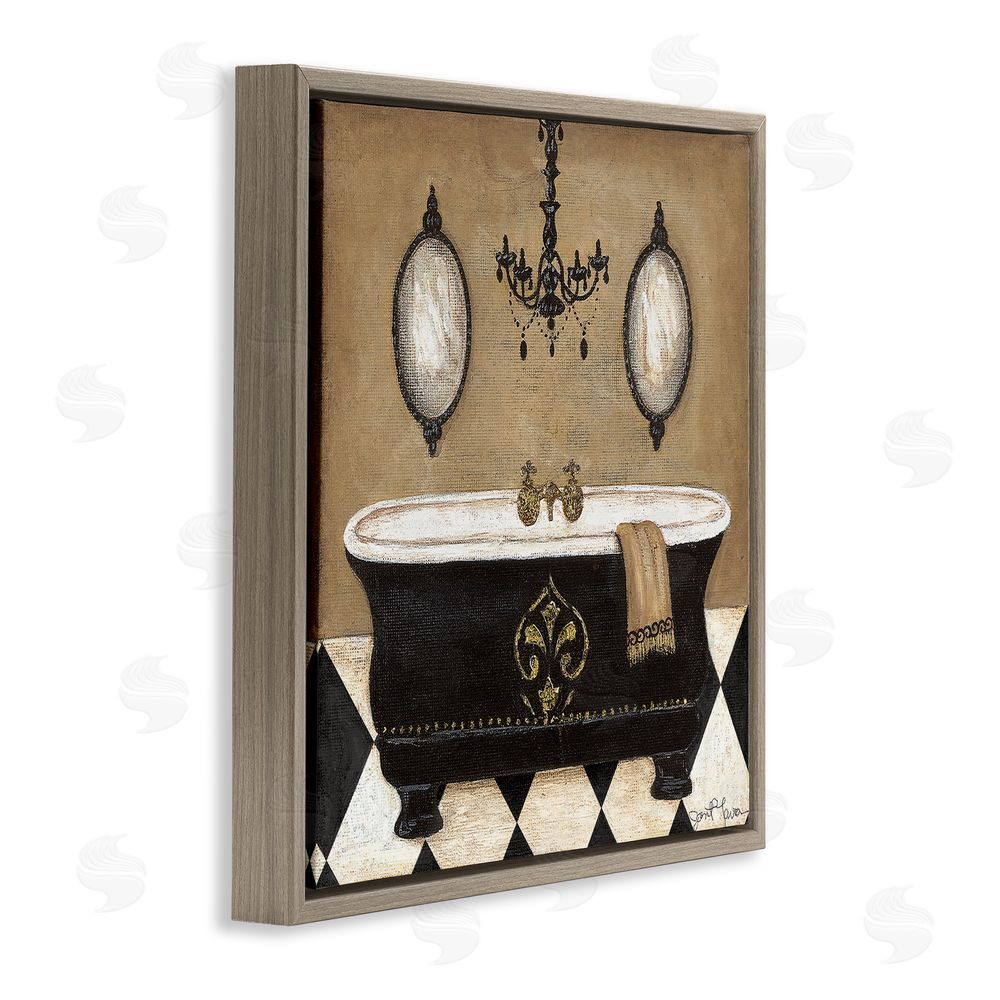 Janet Tava Elegant Bathtub & Chandelier Brown Floating Frame Canvas Wall Art Print
