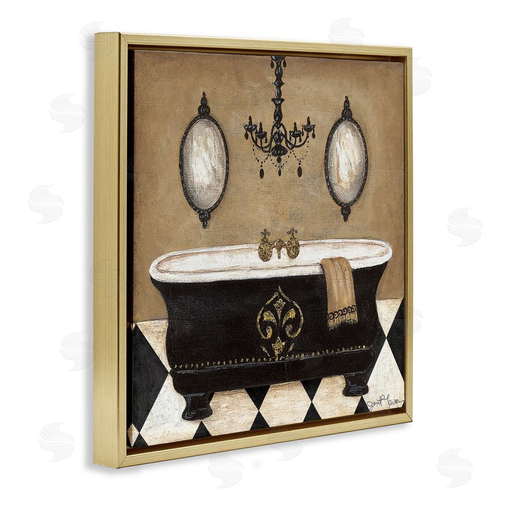 Janet Tava Elegant Bathtub & Chandelier Gold Floating Frame Canvas Wall Art Print