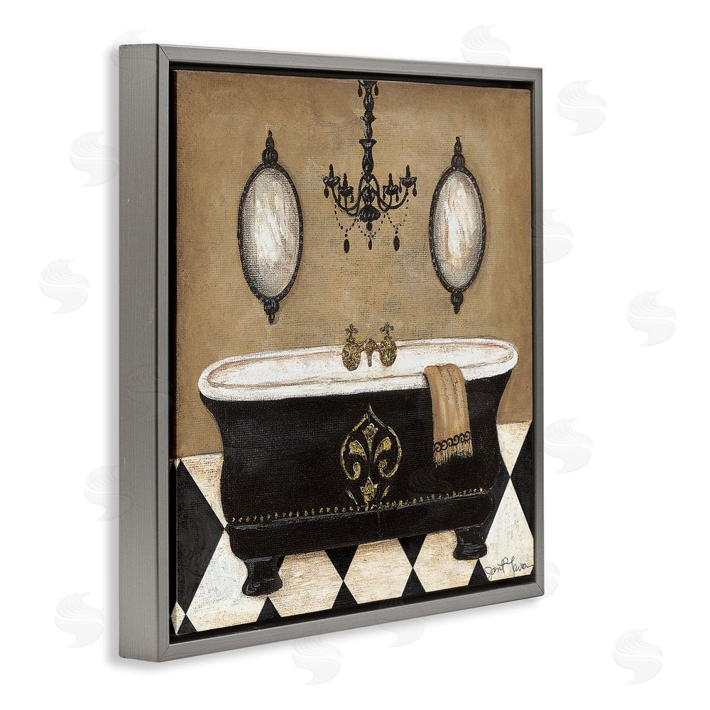 Janet Tava Elegant Bathtub & Chandelier Gray Floating Frame Canvas Wall Art Print