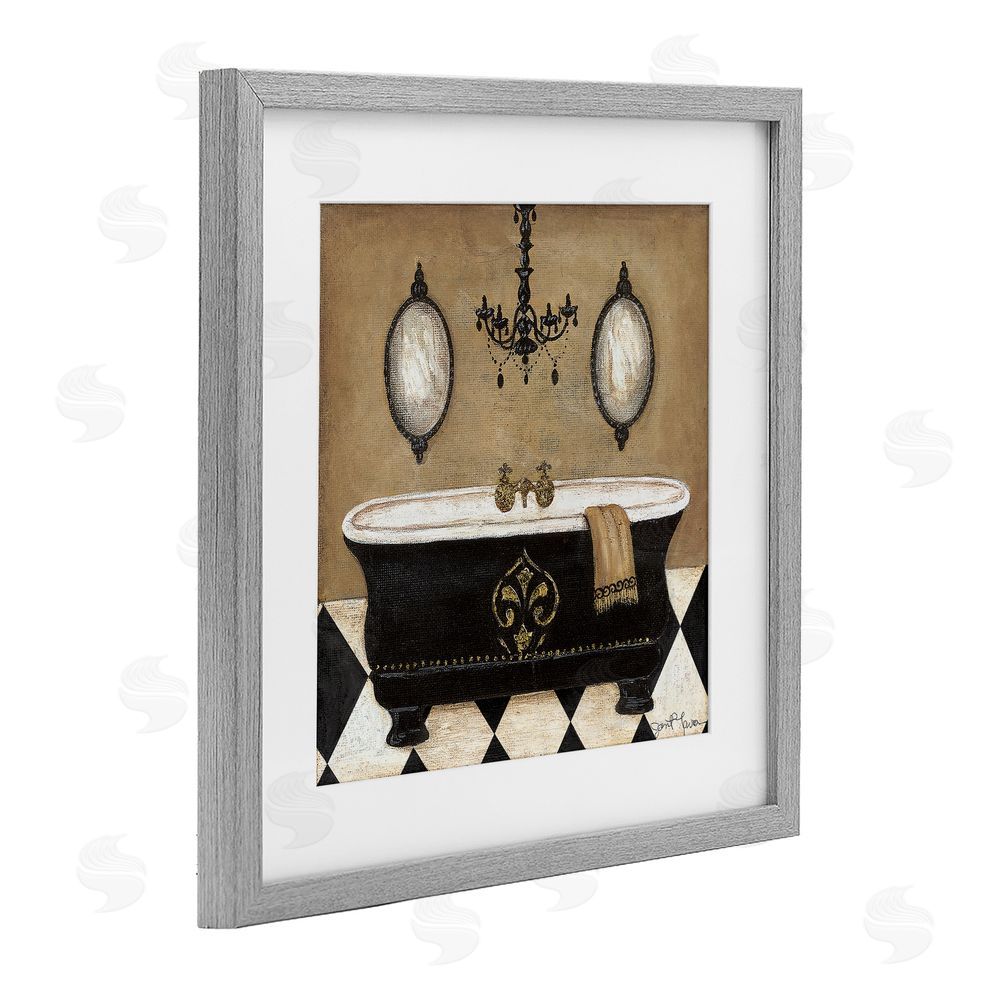 Janet Tava Elegant Bathtub & Chandelier Gray Framed Print Under Glass Wall Art