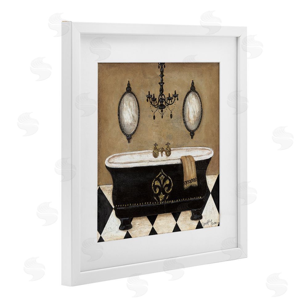 Janet Tava Elegant Bathtub & Chandelier White Framed Print Under Glass Wall Art