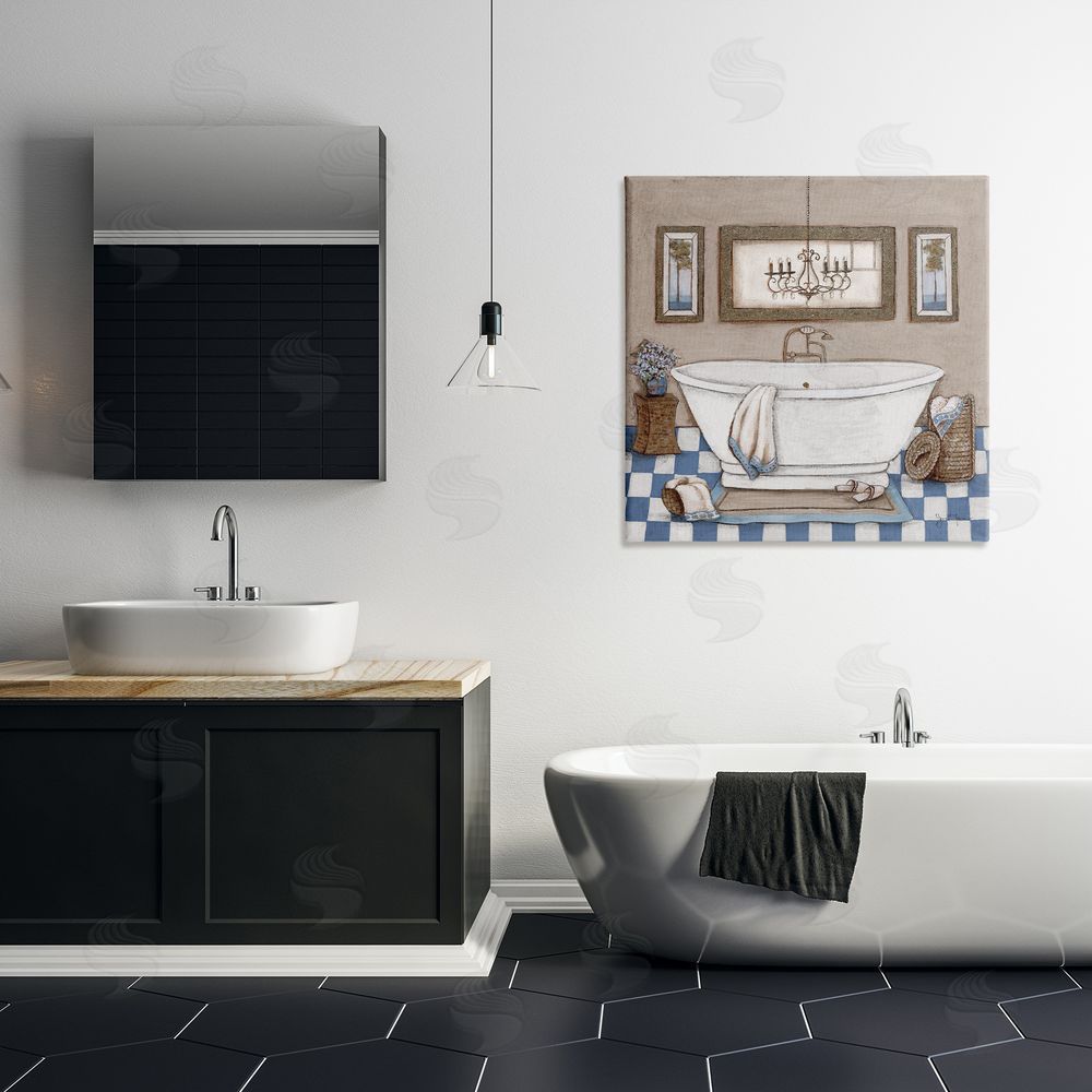Janet Tava Checkered Bathroom & Chandelier Stretched Canvas Wall Art in Room