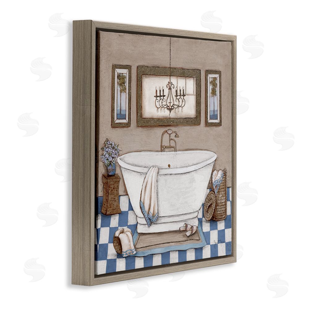 Janet Tava Checkered Bathroom & Chandelier Brown Floating Frame Canvas Wall Art Print