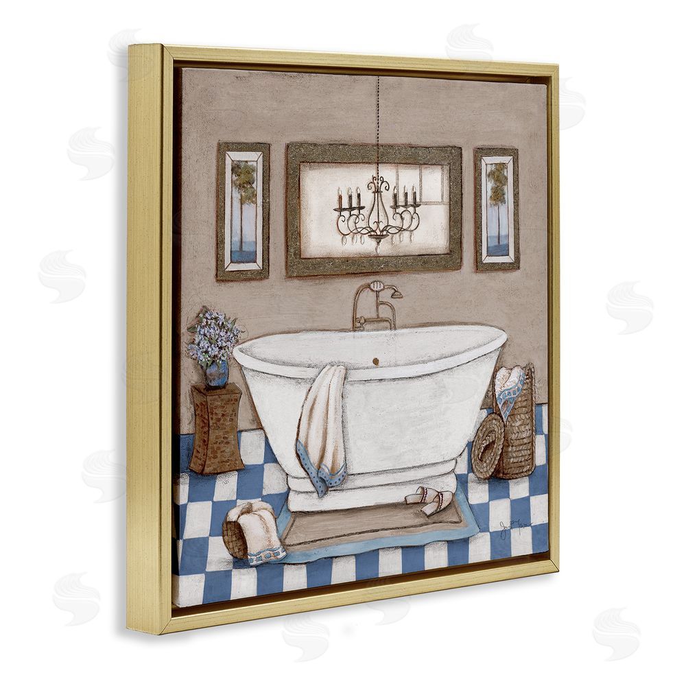 Janet Tava Checkered Bathroom & Chandelier Gold Floating Frame Canvas Wall Art Print