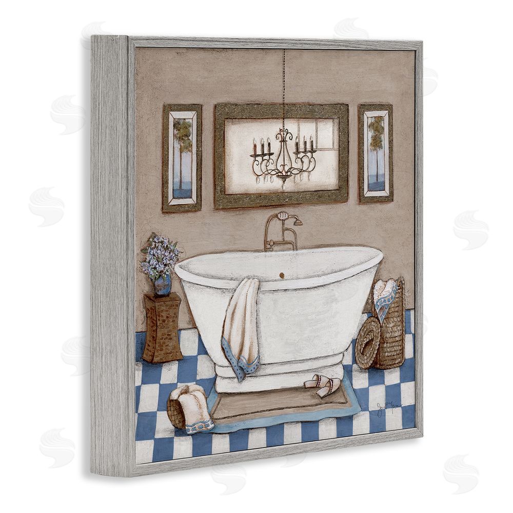 Janet Tava Checkered Bathroom & Chandelier Gray Framed Giclee Wall Art Print