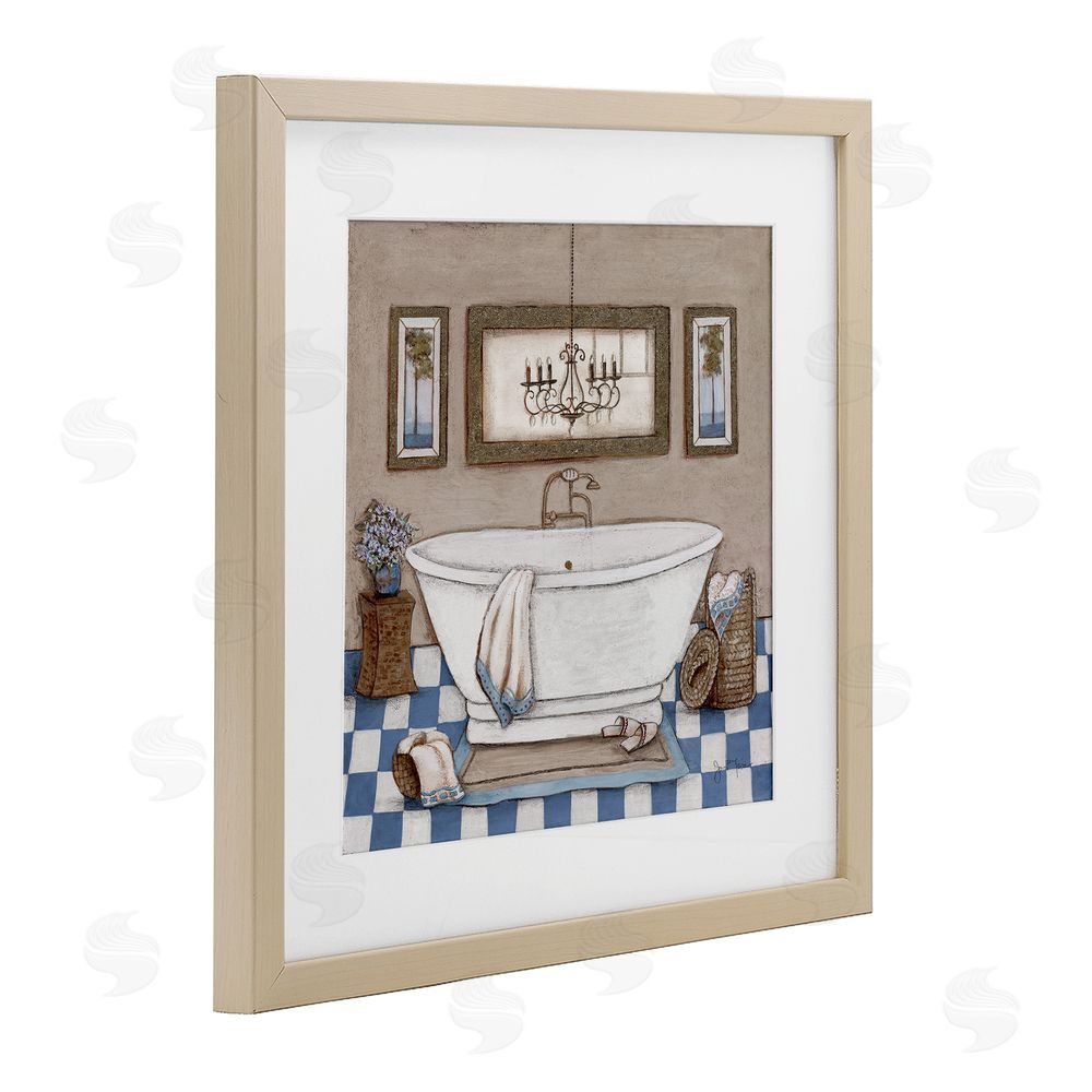 Janet Tava Checkered Bathroom & Chandelier Brown Framed Print Under Glass Wall Art