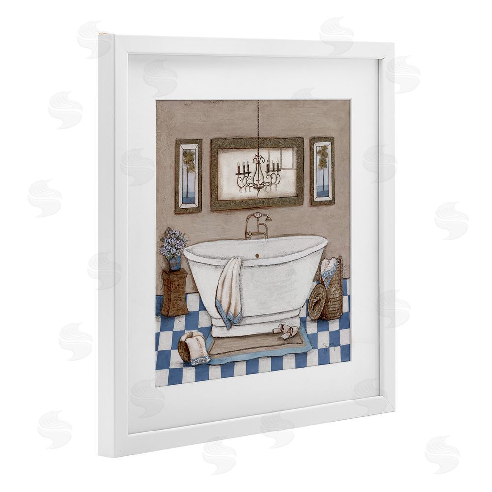 Janet Tava Checkered Bathroom & Chandelier White Framed Print Under Glass Wall Art