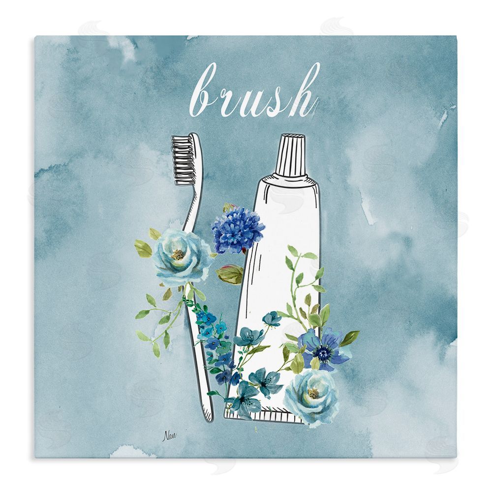 Nan Floral Bathroom Rules Brush Stretched Canvas Wall Art Print