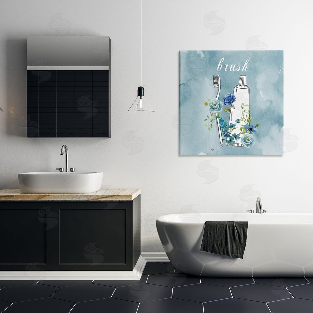 Nan Floral Bathroom Rules Brush Stretched Canvas Wall Art in Room