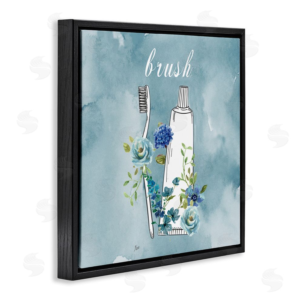 Nan Floral Bathroom Rules Brush Black Floating Frame Canvas Wall Art Print