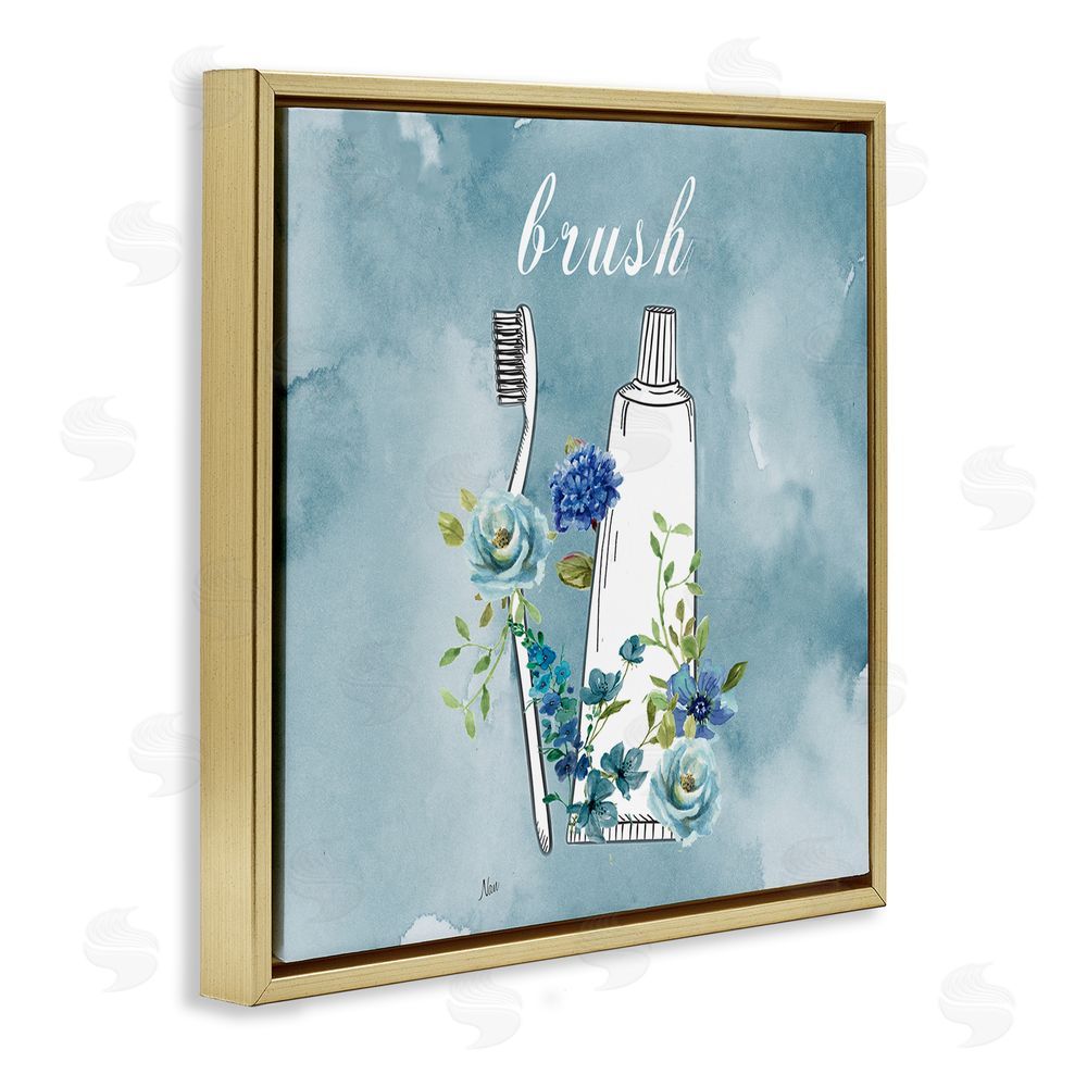 Nan Floral Bathroom Rules Brush Gold Floating Frame Canvas Wall Art Print