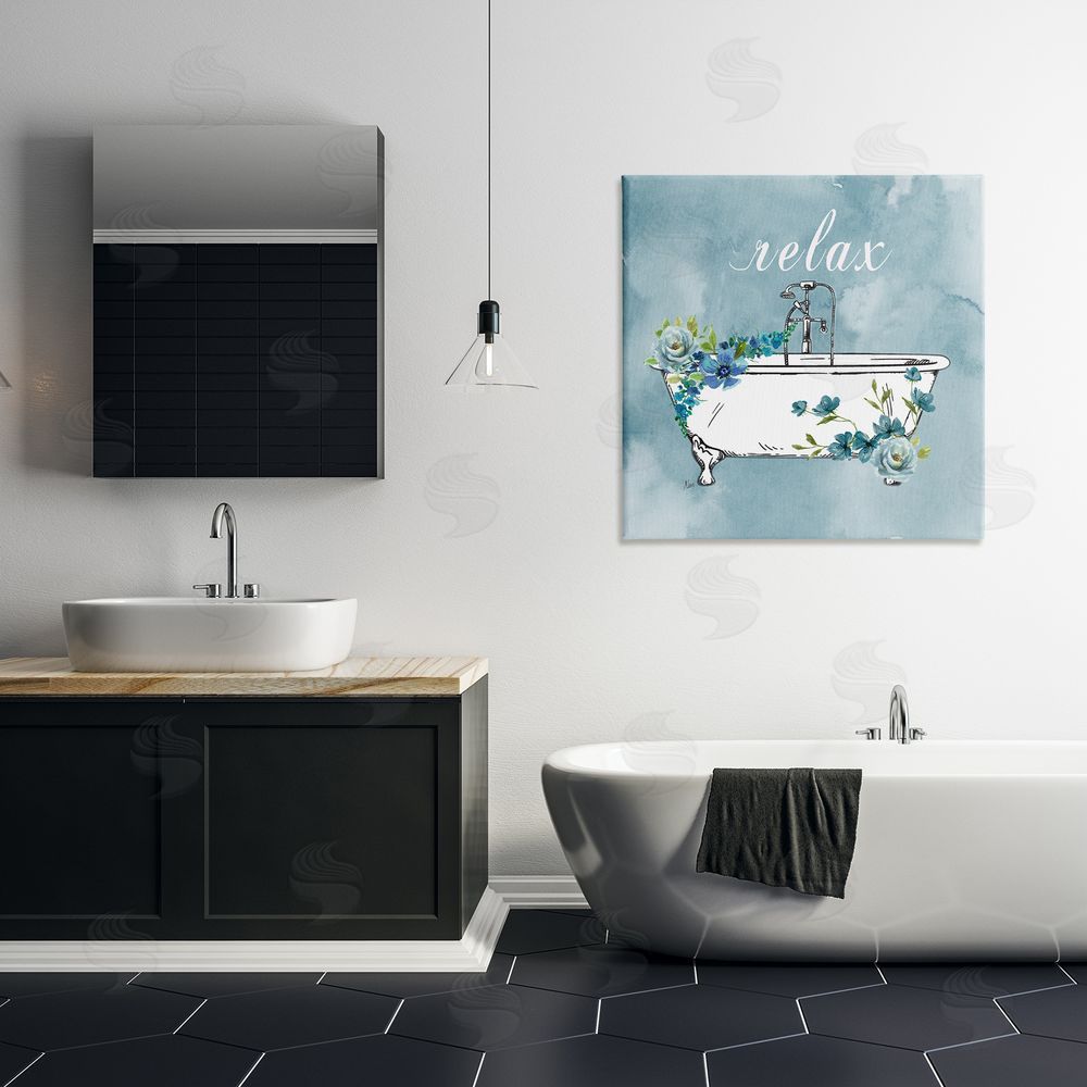 Nan Floral Bathroom Rules Relax Stretched Canvas Wall Art in Room