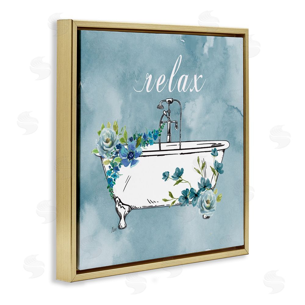 Nan Floral Bathroom Rules Relax Gold Floating Frame Canvas Wall Art Print